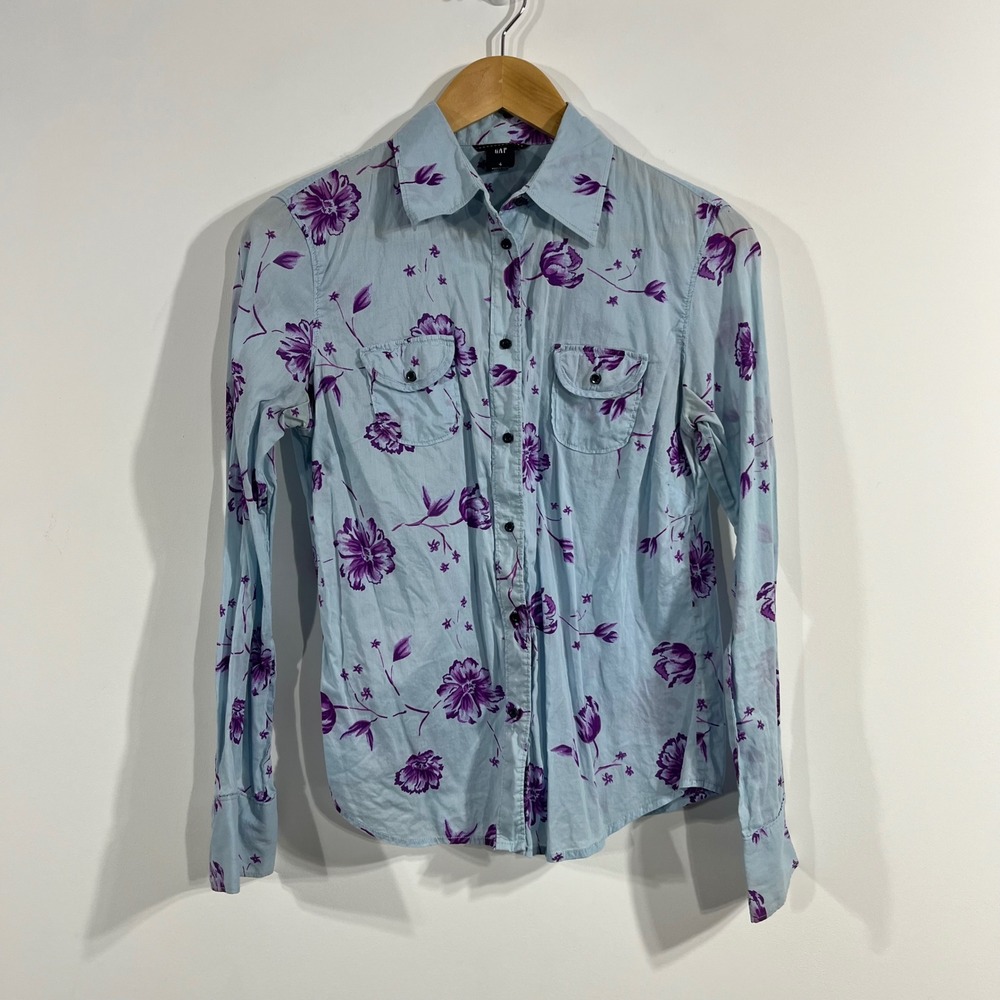 GAP 90s Vintage Light Blue Floral Cotton Button Down Shirt Womens 4 Preppy Indie
